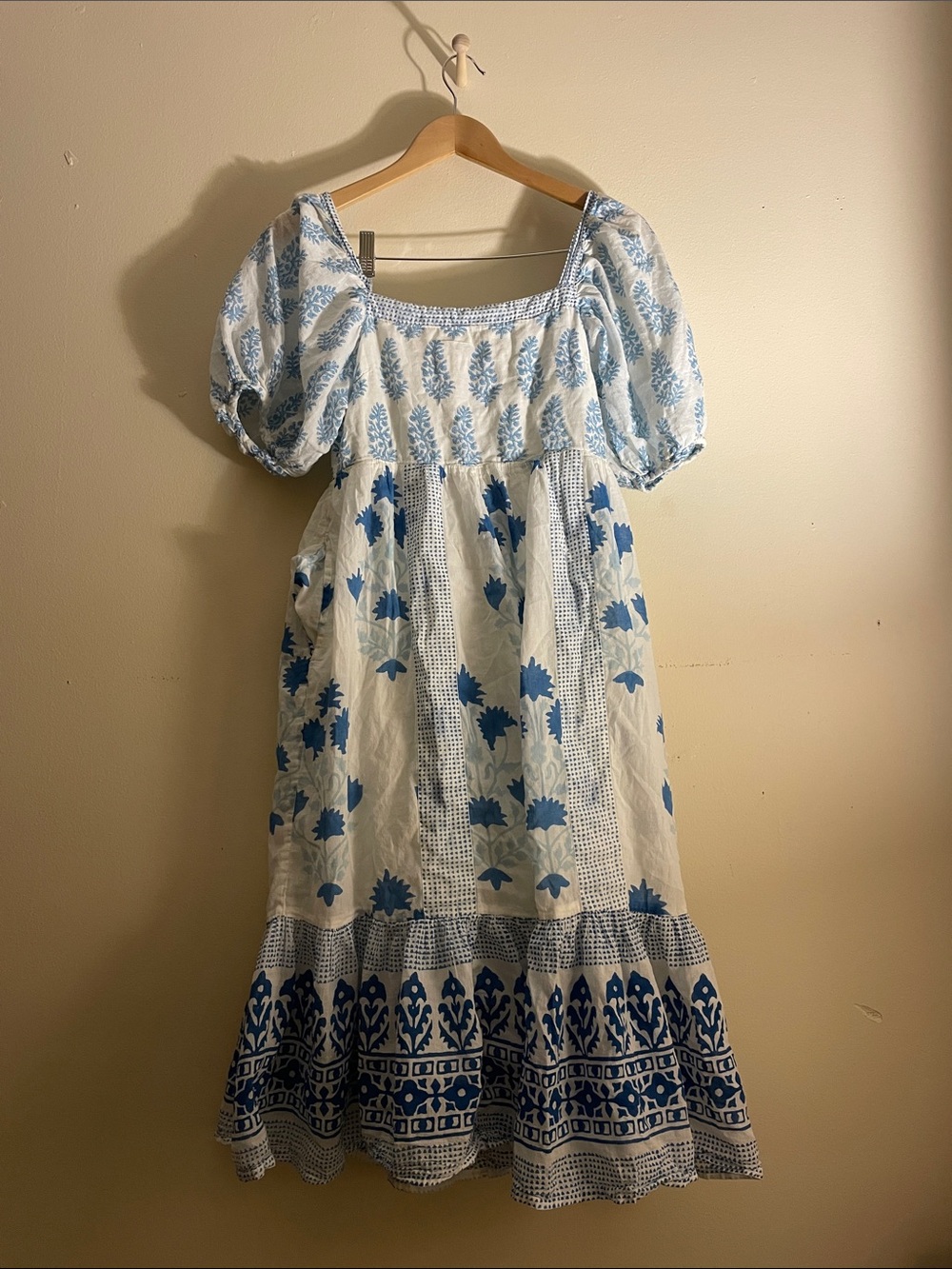 Oliphant Blue and White Floral Boho Maxi Dress